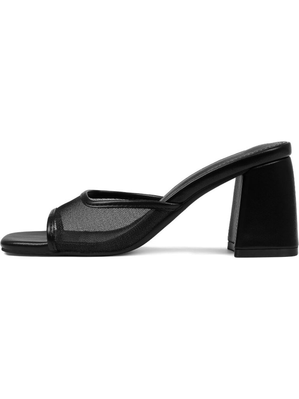 Women's Black Mesh Summer Square Open Toe Mules Chunky Stylish Heeled Sandals
